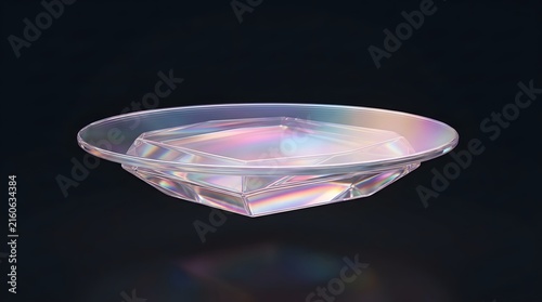 Iridescent glass podium with sharp geometric edges reflecting vibrant spectral light and smooth transparent curves for modern luxury product display showcases