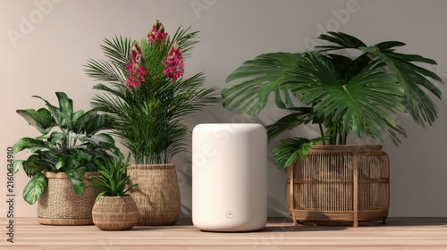 Smart home hub device on minimalist surface with lush plants
