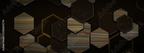 Quadro su tela Geometric Hexagonal Pattern With Glowing Gold Sparkle Effects Displayed