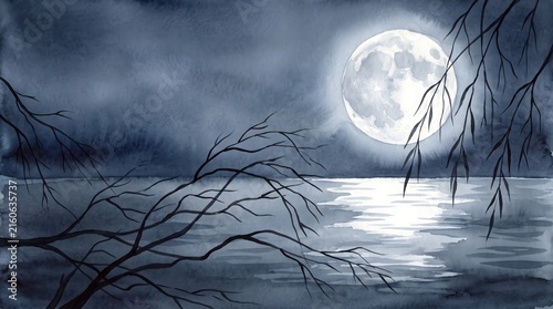 Japanese Watercolor Painting of Radiant Full Moon Over Serene Night Lake and Willow Branches
