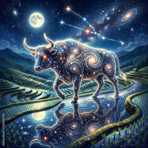 Cosmic Bull Zodiac Constellation Over Starry Rice Terraces at Night