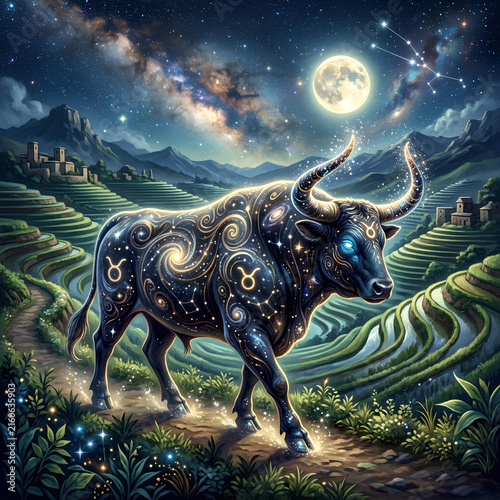 Cosmic Bull Zodiac Taurus Constellation Night Sky Milky Way Terraced Fields