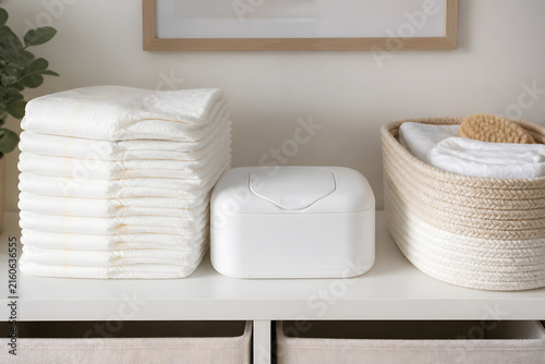 Stack of diapers with wipes case