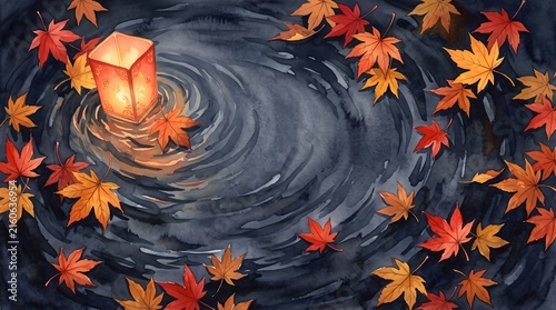 Japanese Watercolor Painting of Illuminated Paper Lantern Floating with Autumn Maple Leaves
