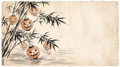 Halloween pumpkin lanterns hanging on bamboo tree over water ripples traditional Chinese ink wash painting concept
