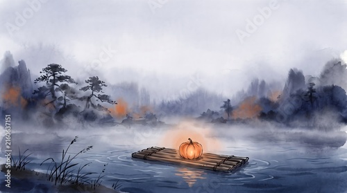 Glowing pumpkin on wooden raft in misty lake traditional Chinese ink wash landscape concept
