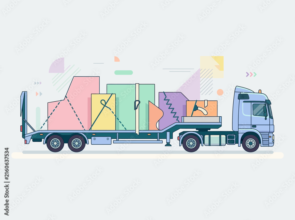 Fototapeta premium Illustration Of A Truck Carrying Various Abstract Cargo And Geometric Shapes