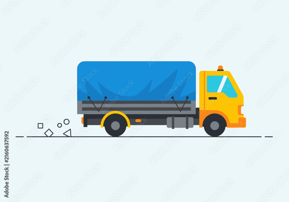 Fototapeta premium Illustration Of A Yellow Truck With Blue Tarp Cargo Moving Fast