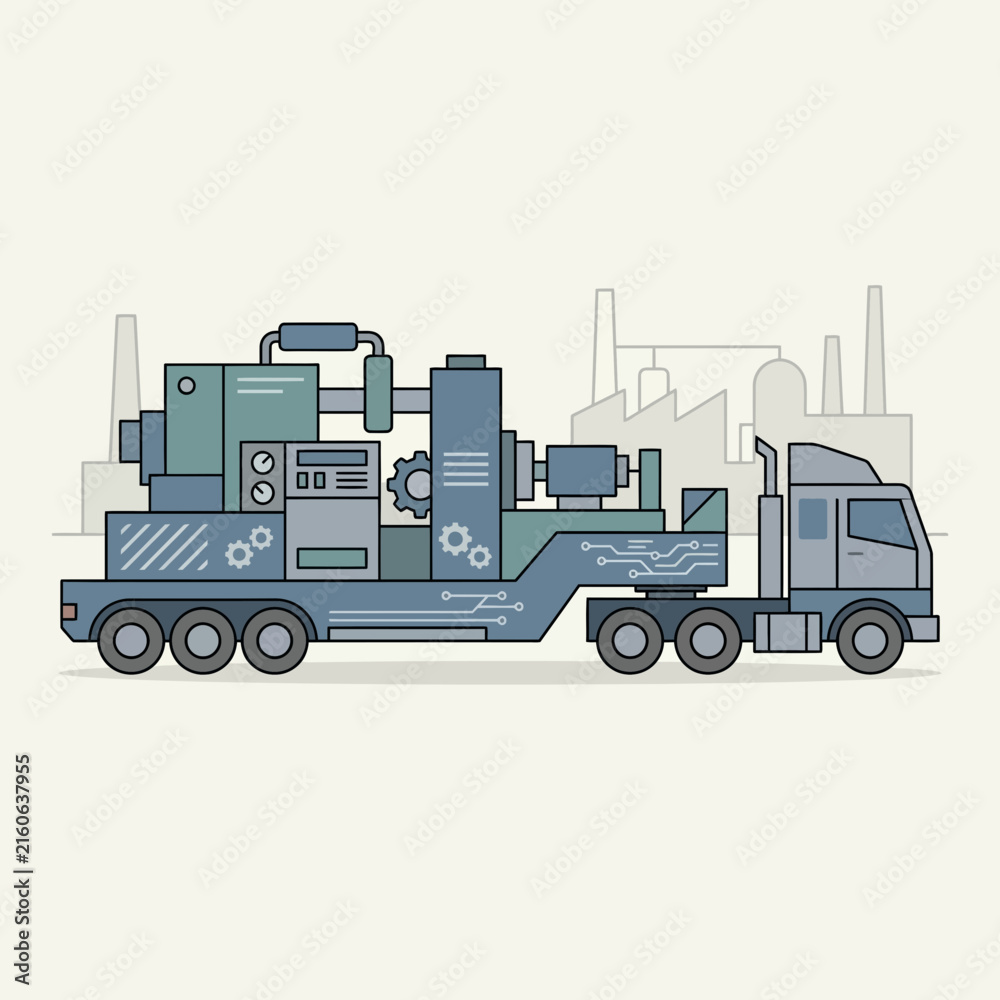 Naklejka premium Heavy Industrial Machinery Transported By Truck For Manufacturing Facility