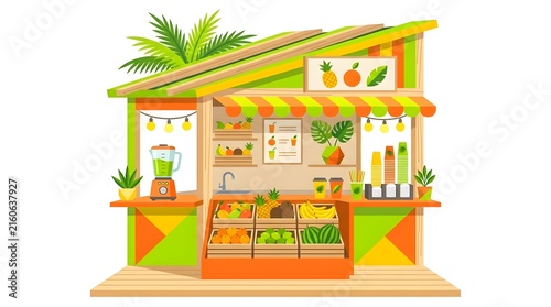 Tropical fresh fruit juice bar stall with a blender, cups, and exotic fruits like watermelon and pineapple under a wooden roof