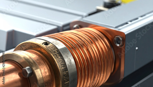 Coiled Copper Cable: A close-up view showcases a tightly wound coil of copper cable, suggesting industrial power and intricate engineering within a manufacturing setting.