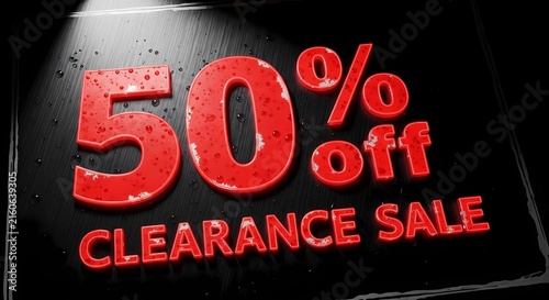 Fifty percent off clearance sale sign in bold red 3d lettering on a wet black surface for retail advertising and e-commerce marketing