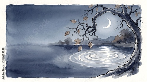Japanese Watercolor Painting of Gnarled Tree Branch Over Lake Under Crescent Moon