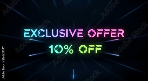 Exclusive offer ten percent discount glowing in a futuristic digital space with neon light trails for gaming and tech retail marketing