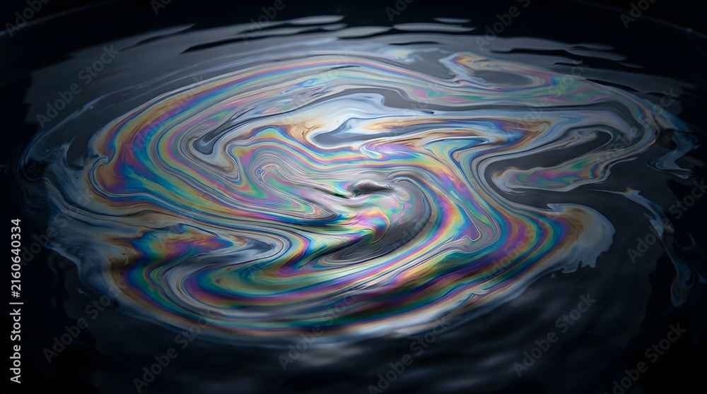 Fototapeta premium Iridescent oil spill pattern swirls in circular motion featuring vibrant rainbow colors on dark water surface with liquid light reflections