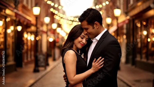 Romantic couple dancing under warm street lights in evening alley