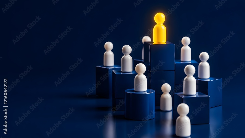 Obraz premium Leadership And Talent Management Concept With Glowing Yellow Figure On Pedestal