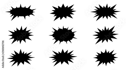 Set of black asymmetrical burst speech bubbles and explosion shapes for comic book design and graphic elements