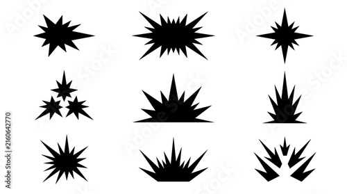 A collection of sharp starburst shapes and radial explosion symbols featuring diverse jagged spikes for graphic design and visual effects