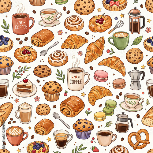 Delicious Breakfast Pastries Coffee and Baked Goods Seamless Pattern