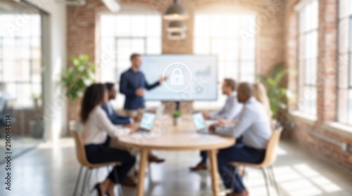 Blurred office meeting with data security padlock icon overlay symbolizing cybersecurity and digital privacy protection for team collaboration in corporate boardroom environment with natural light