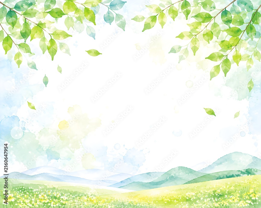 Fototapeta premium 春の光に包まれた水彩風の自然背景 新緑と花畑の風景