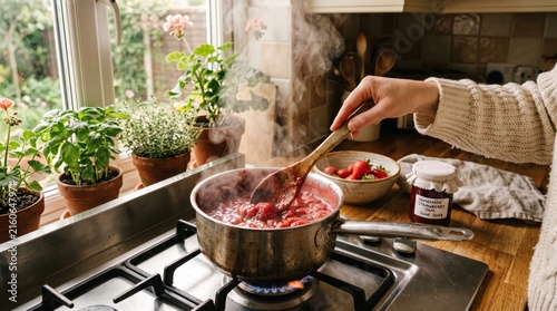 Fotografie Woman stirring simmering strawberries in a pot on a stovetop preparing homemade