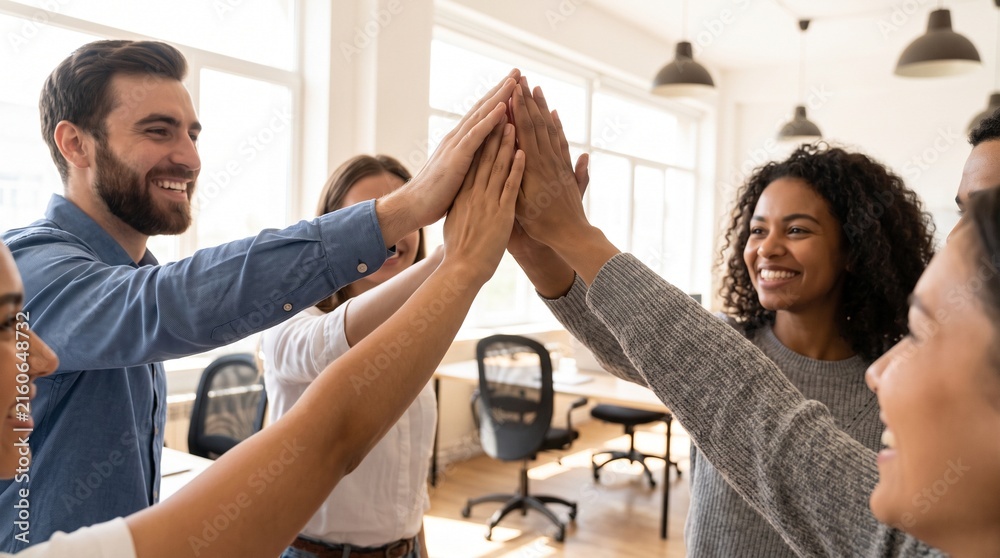Fototapeta premium Diverse colleagues stacking hands together in high five gesture during team building meeting in bright modern office to celebrate success and boost collaborative workplace morale
