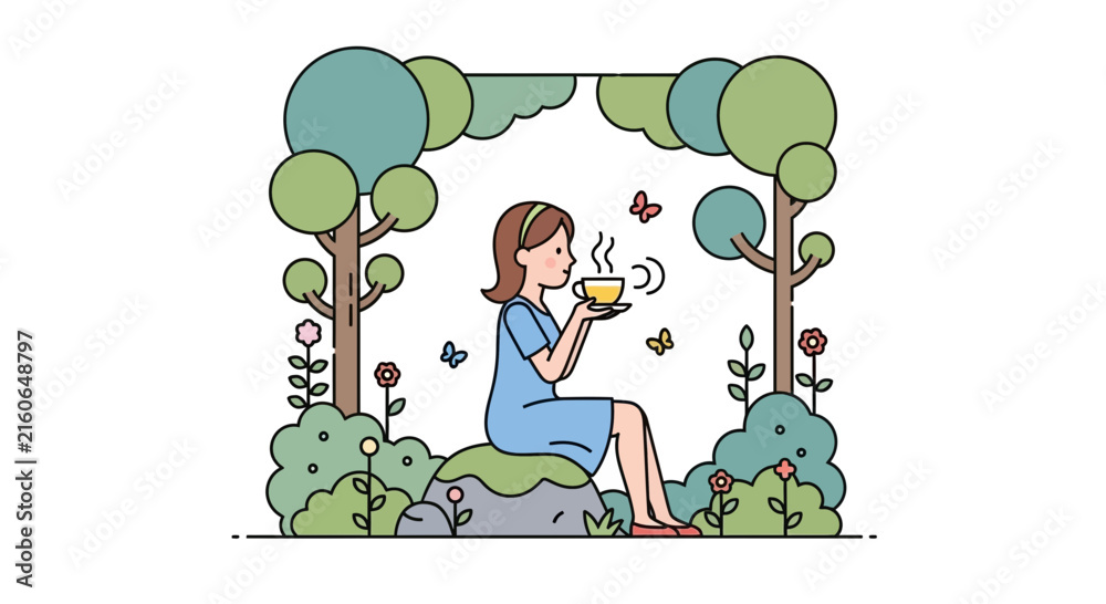Fototapeta premium Woman drinking tea in nature, peaceful garden scene, gentle breeze and butterflies