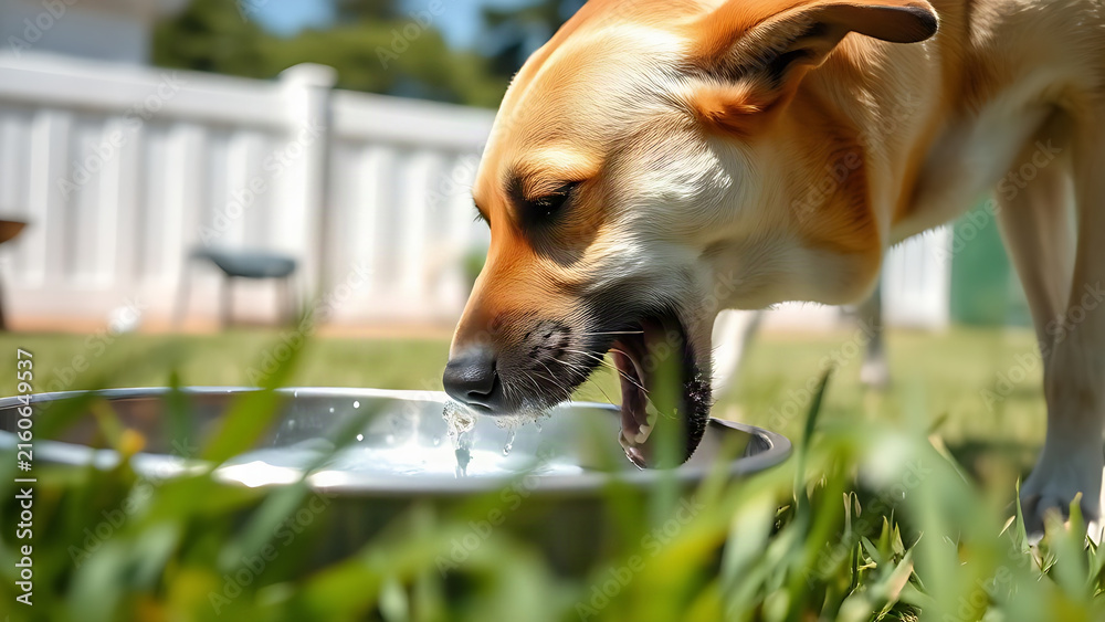 Fototapeta premium Dog drinking water from metal bowl in backyard, pet hydration and thirst