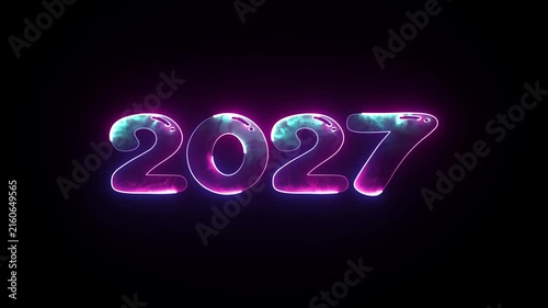 Year 2027 futuristic neon glowing digital number display animation black background light illumination holiday
