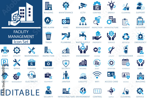 Facility management asset icon set. Glyph dual colour style. pack contain building, maintenance, asset, service, operation, security, cleaning, utility, space, energy icon. Facility management icon se