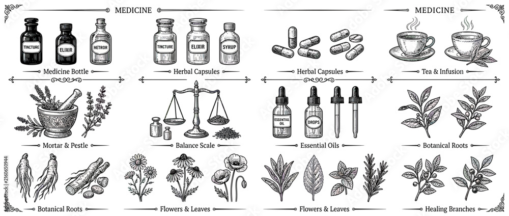Fototapeta premium Vintage Medicine Collection: Bottles, Herbs, and Remedies