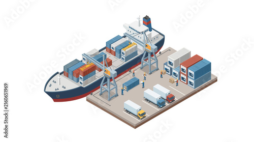 Cargo ship docked at an isometric seaport terminal loading shipping containers onto transport trucks for global logistics.