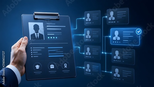 HR Recruiter Holding Digital Candidate Resume Clipboard In AI Talent Acquisition System