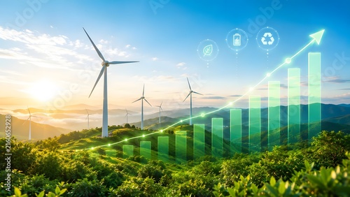 Wind Turbine Farm Generating Green Renewable Energy With Upward Growth Market Chart