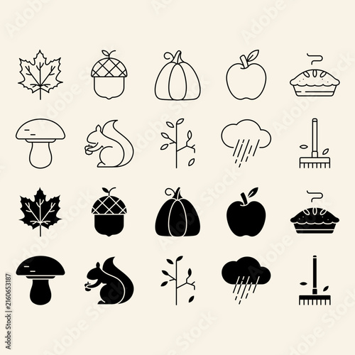Set of Autumn Icons with Pumpkin, Maple Leaf and Seasonal Elements Outline and Glyph Vector Illustration