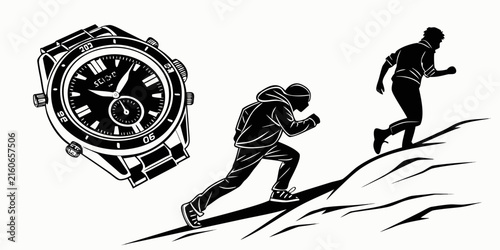 Black sports watch silhouette with running figures isolated on white black watch