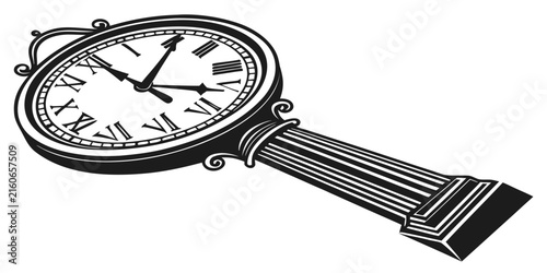 Black standing alarm clock with bell, isolated silhouette black alarm clock standing clock
