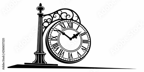 Black standing antique clock silhouette isolated on white background, standing clock