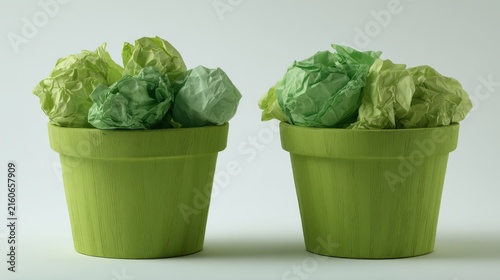 A conceptual stock image featuring two tiny green waste containers. They are stuffed with crumpled paper balls and discarded wrappers. The lighting is bright and clinical, suitable for an