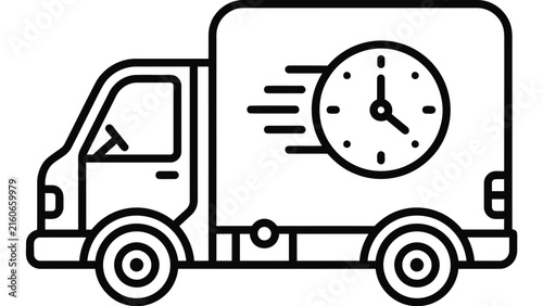 Foto Outline icon of a delivery truck with a clock symbol representing fast shipping