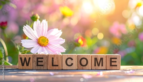 World welcome message displayed on wooden blocks in a sunny garden