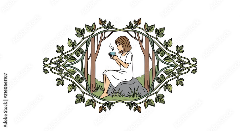 Fototapeta premium Woman enjoying warm drink in serene forest frame