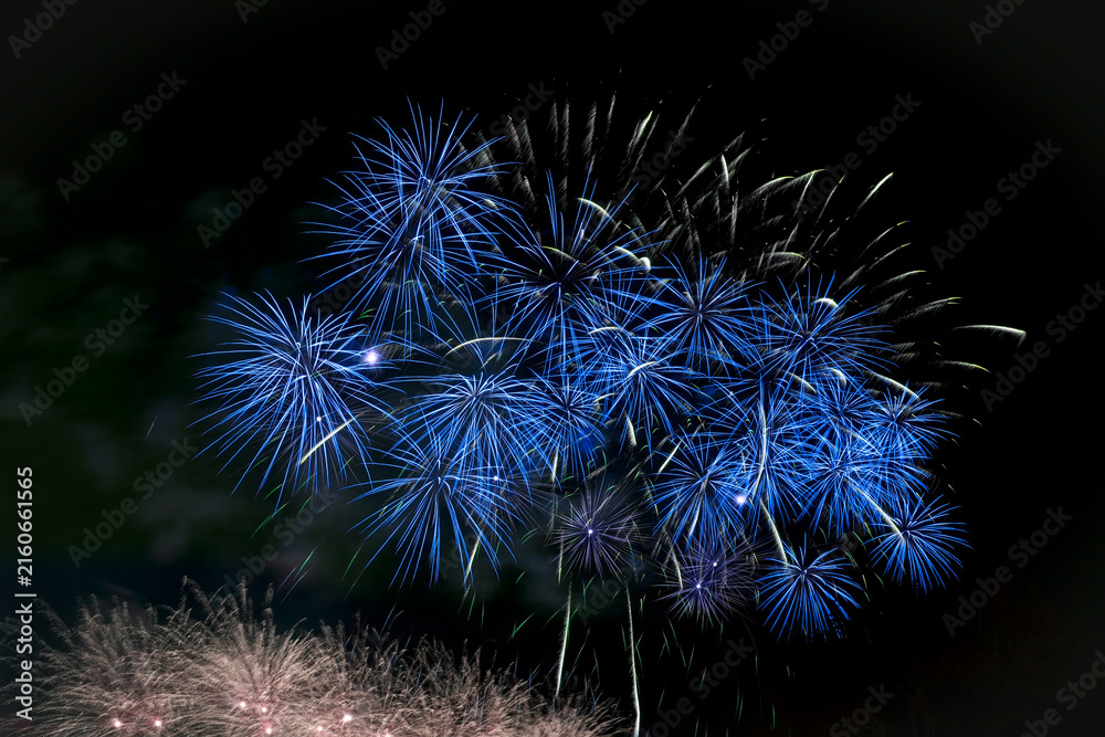 Fototapeta premium Vivid blue explosions light up the dark sky as people gather in excitement, celebrating with joy and wonder at the annual fireworks display