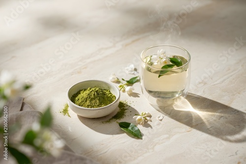 A serene scene of a glass of clear tea with jasmine flowers and a small bowl of matcha powder, bathed in soft sunlight, representing wellness and relaxation.