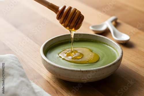 A close-up macro shot of golden honey dripping from a wooden dipper into a bowl of vibrant green matcha powder, showcasing a delightful blend of natural sweetness and earthy flavors.