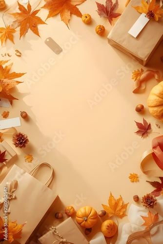 Modern Autumn Day Sale Background with Shopping Bags Gifts and Fall Leaves