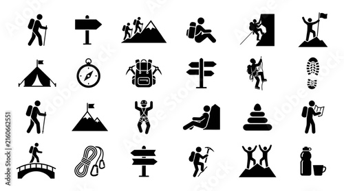 Black symbols representing hiking and outdoor exploration featuring people walking with backpacks compass tents and mountain climbing gear for design projects and recreational information