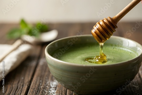 Close-up of golden honey being drizzled from a wooden dipper into a bowl of vibrant green matcha tea, with fresh mint leaves in the background, creating a serene and healthy beverage moment.